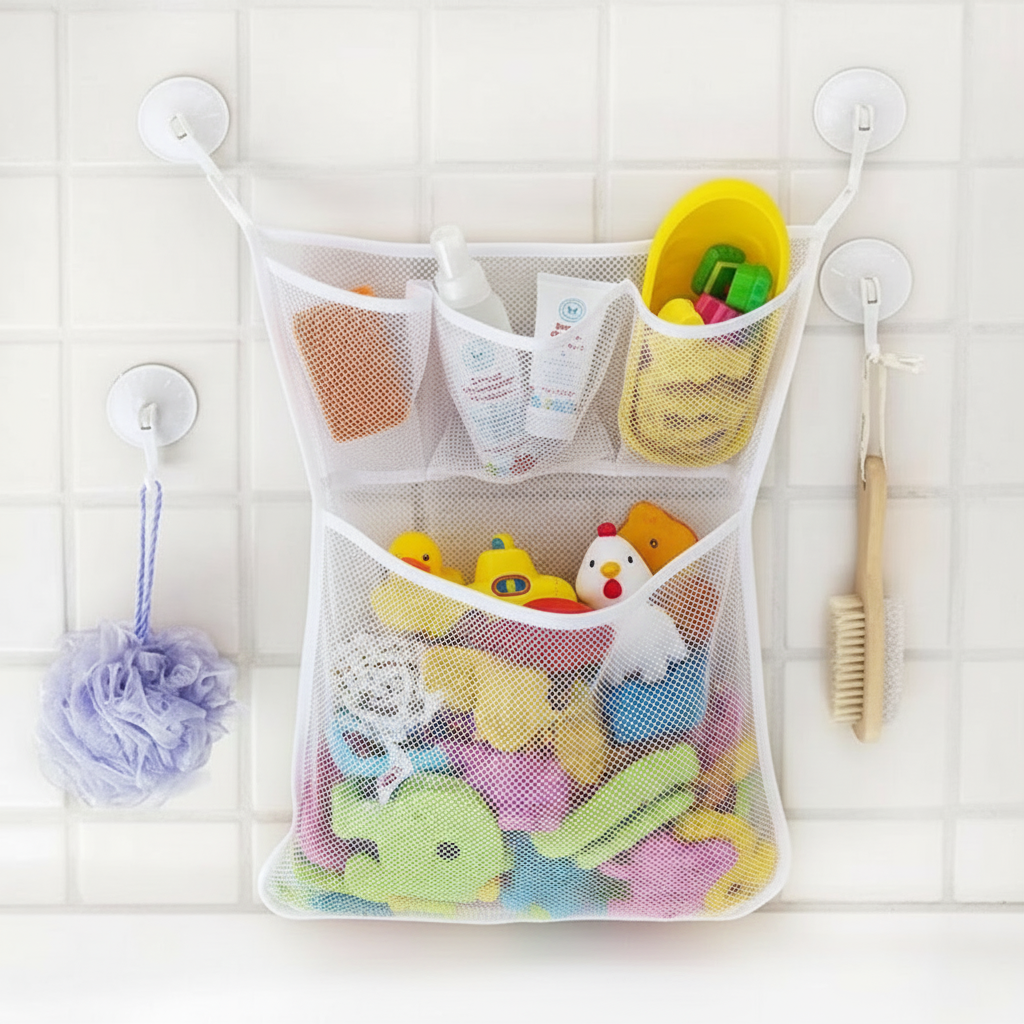 Kids bathroom organizer: Mold-free mesh net with suction cups for bath toys, quick drying