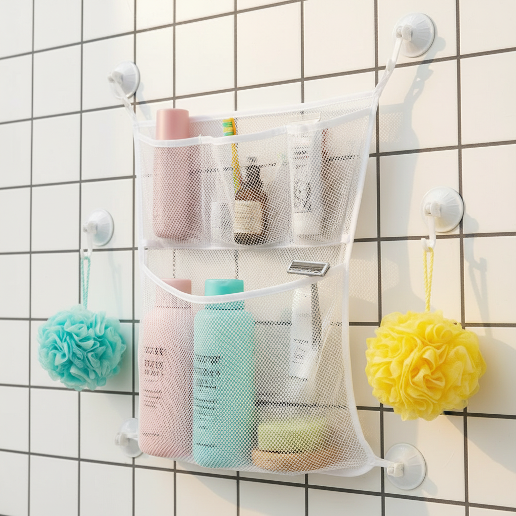Close-up of mold-free bath toy organizer showing strong suction cups & quick-dry mesh