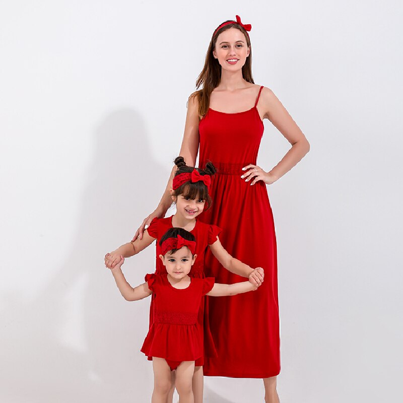 Matching mommy and me strapless red dresses in cotton, ideal for summer outfits and family fashion.