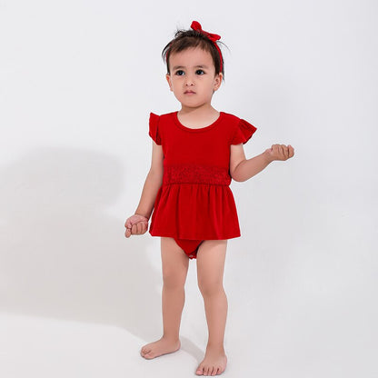 Red cotton strapless dresses for women and baby girls, a perfect mommy and me summer outfit set.