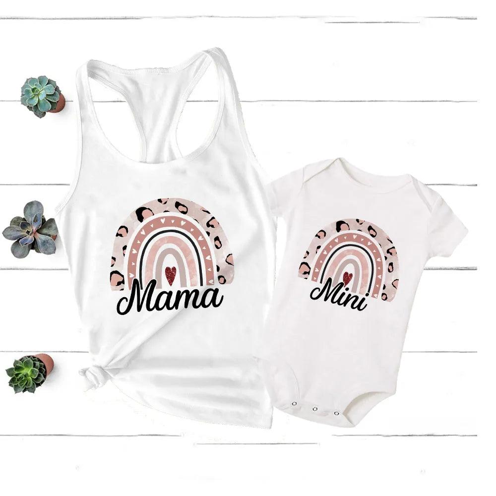 Rainbow family matching outfits, mom's t-shirt and baby's bodysuit, high-quality print.