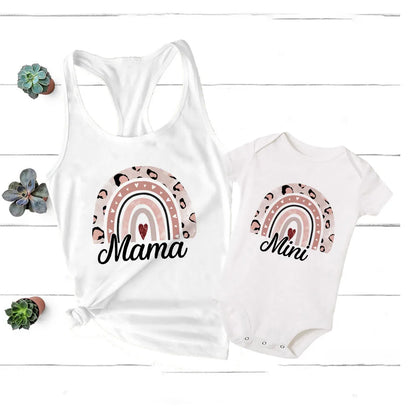 Rainbow family matching outfits, mom's t-shirt and baby's bodysuit, high-quality print.