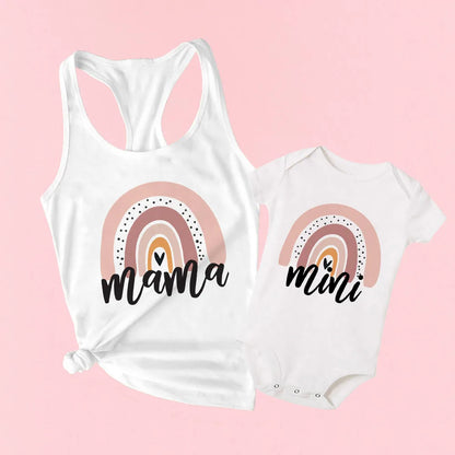 Matching 'Mama Bear' and 'Baby Bear' rainbow outfits, playful family matching set.