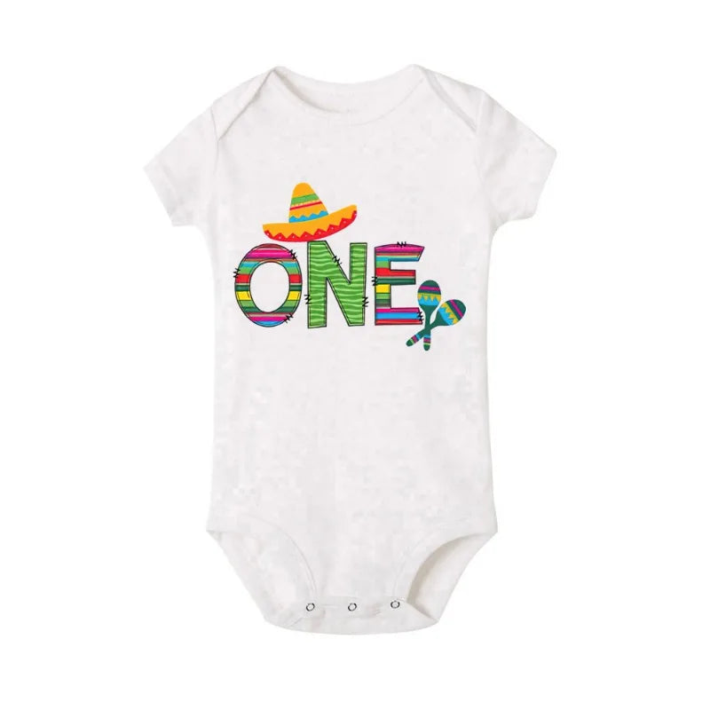 Full view of mom and baby matching 'ONE' birthday outfits, white polyester for first birthday party
