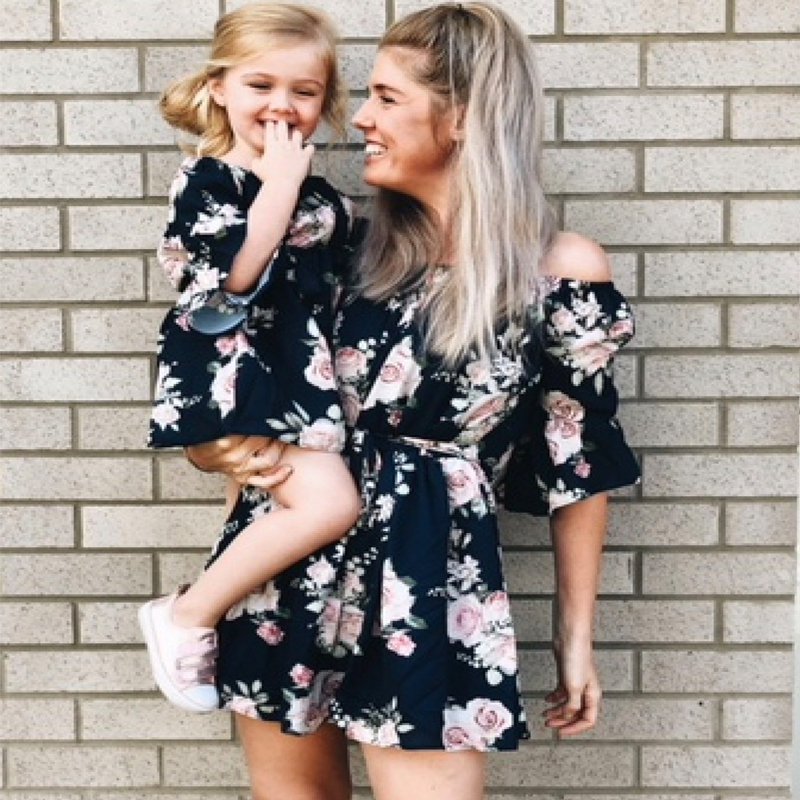 Mom and daughter in matching blue floral summer dresses, perfect for vacation or casual wear.