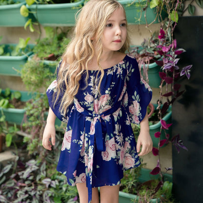 Two women's & girls' blue floral summer dresses, great for matching family outfits.