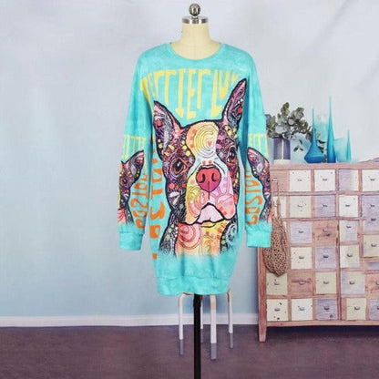 Soft cotton family outfits: long-sleeve dog print mommy and me dresses for comfortable matching apparel.