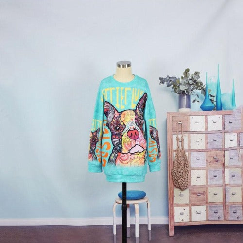 Back view of a long-sleeve dog print mommy and me dress, showcasing the full pattern for family photos.