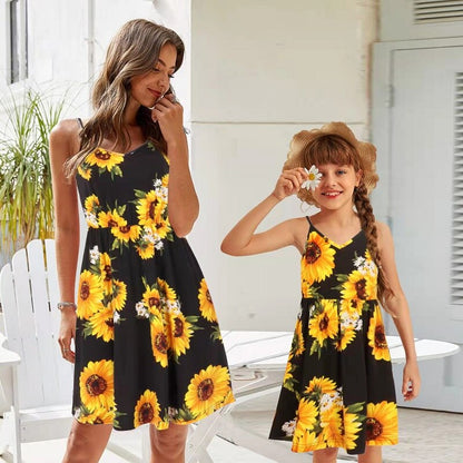 Side profile of a girl in a charming sunflower off-shoulder summer dress, girls fashion.