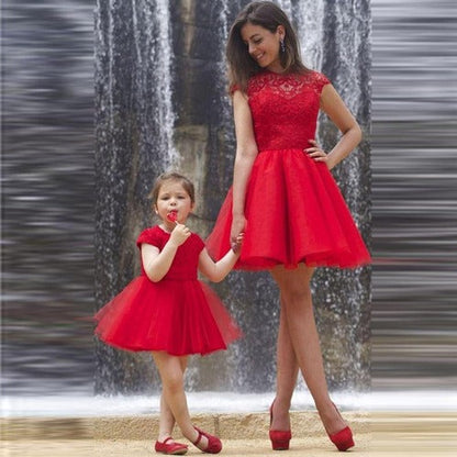Mom and me red lace cocktail dresses with tulle skirts, perfect matching outfits for special occasions