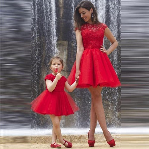 Mom and me red lace cocktail dresses with tulle skirts, perfect matching outfits for special occasions
