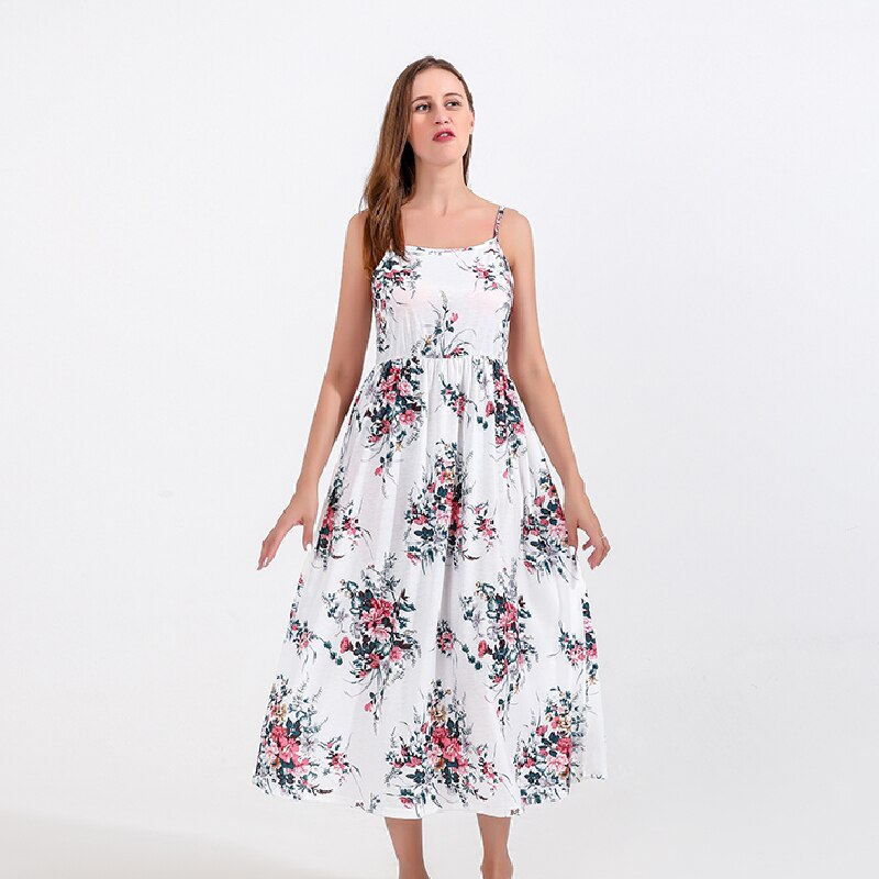 Women's casual floral print summer dress, matching with a baby girl's outfit.