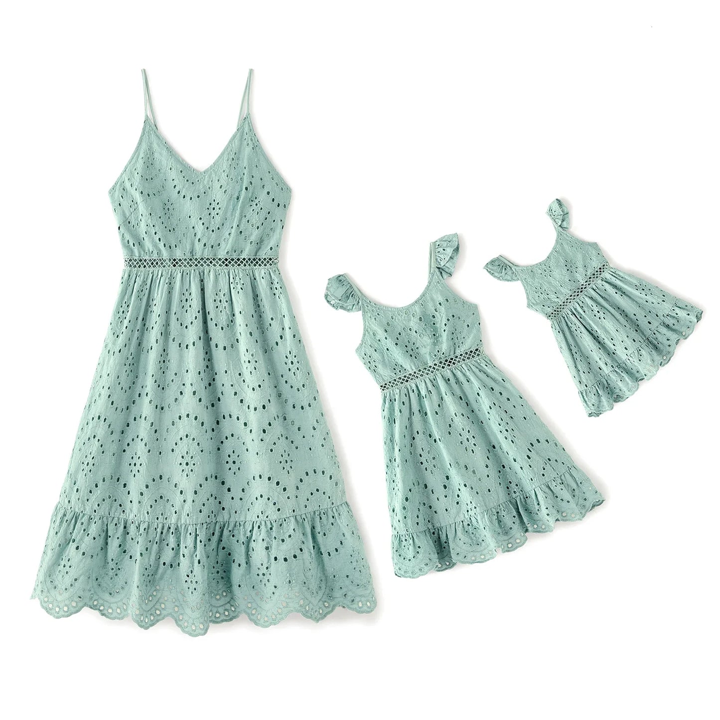 Mom & daughter matching graygreen V-neck cotton summer dresses, sleeveless design for family outfit