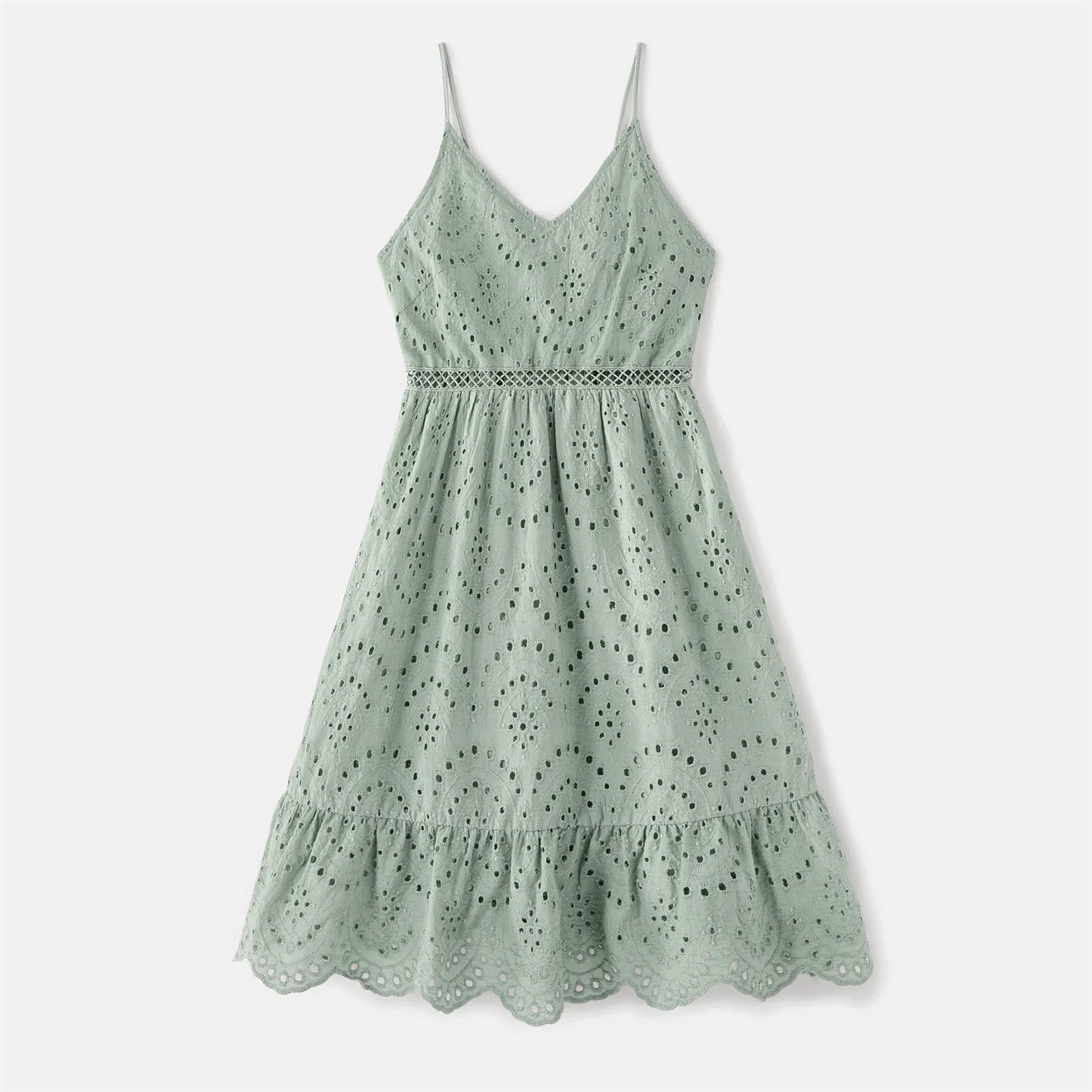 Little girl's graygreen V-neck cotton dress, perfect for summer, matches mom's style