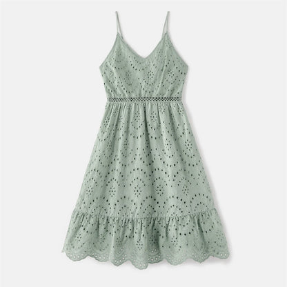 Little girl's graygreen V-neck cotton dress, perfect for summer, matches mom's style