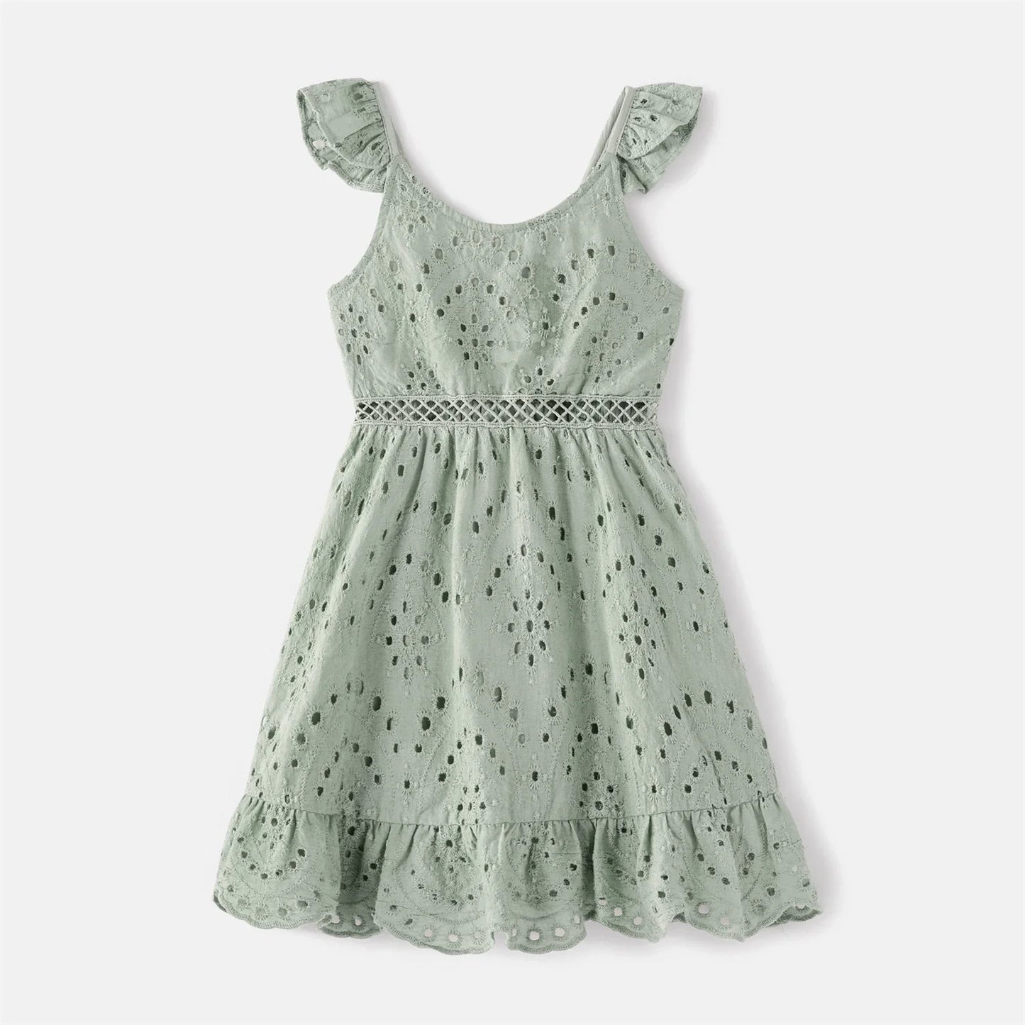 Mom and daughter in matching graygreen V-neck cotton summer dresses, great for sunny days