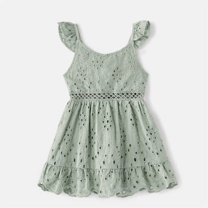 V-neck graygreen cotton summer dresses, sleeveless design for women and girls, family fashion