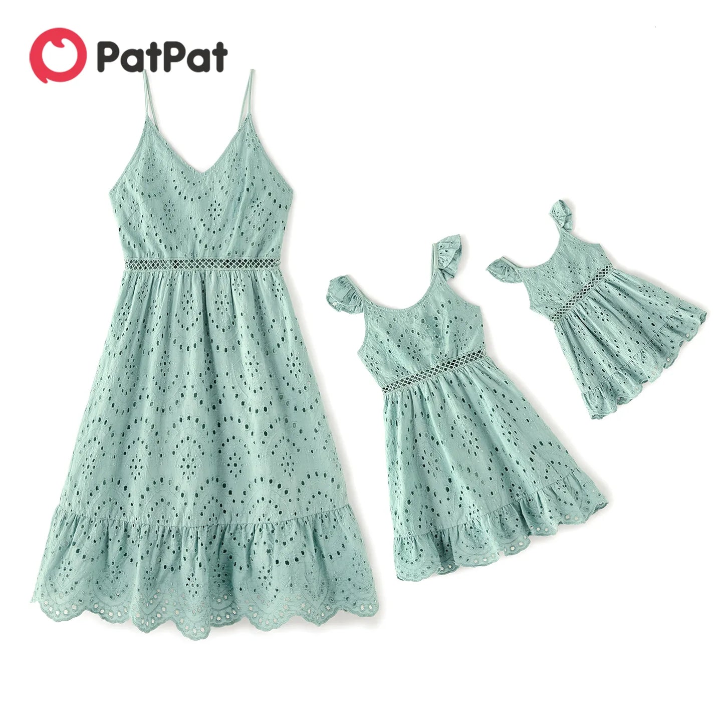 Matching V-neck cotton summer dresses for women and girls in graygreen, perfect family fashion