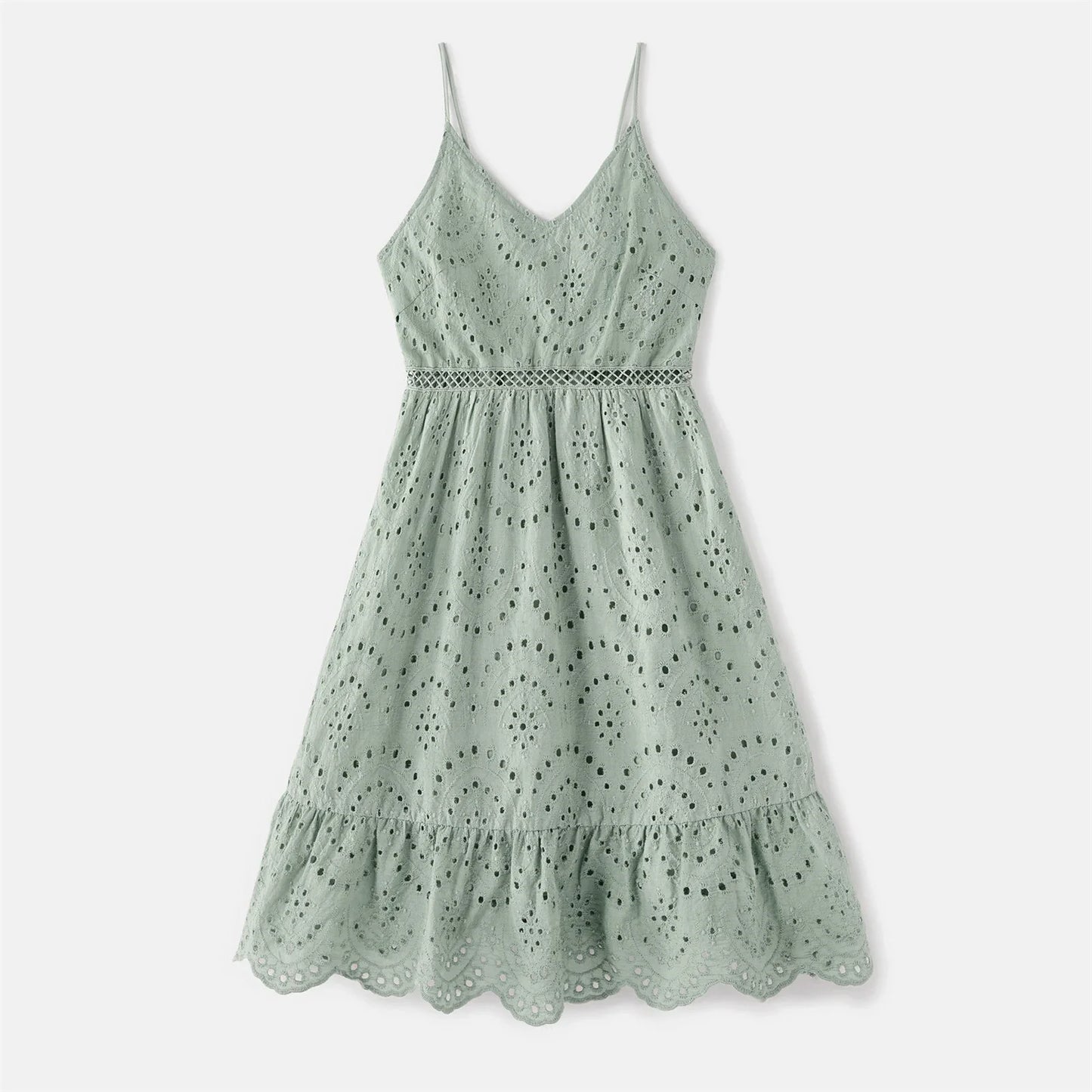 Girl's graygreen V-neck cotton summer dress, sleeveless, designed to match mom's outfit