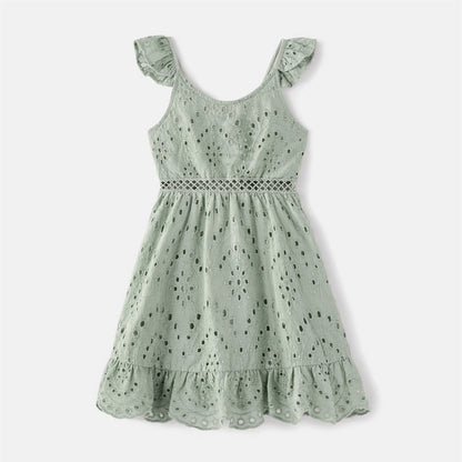 Family matching V-neck cotton summer dresses in graygreen, comfortable sleeveless style