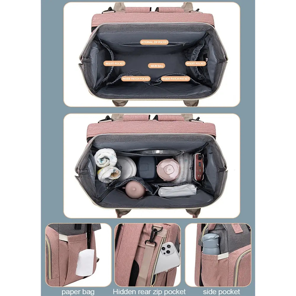 Large capacity nylon diaper backpack for parenting essentials, shown with baby bottles inside