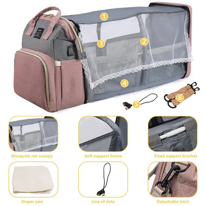 Portable mom bag, waterproof, for baby travel, demonstrating side pockets for wipes