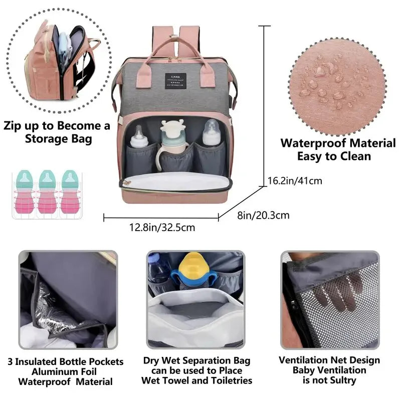 Foldable diaper changing bag in waterproof nylon, ideal for new mom gift