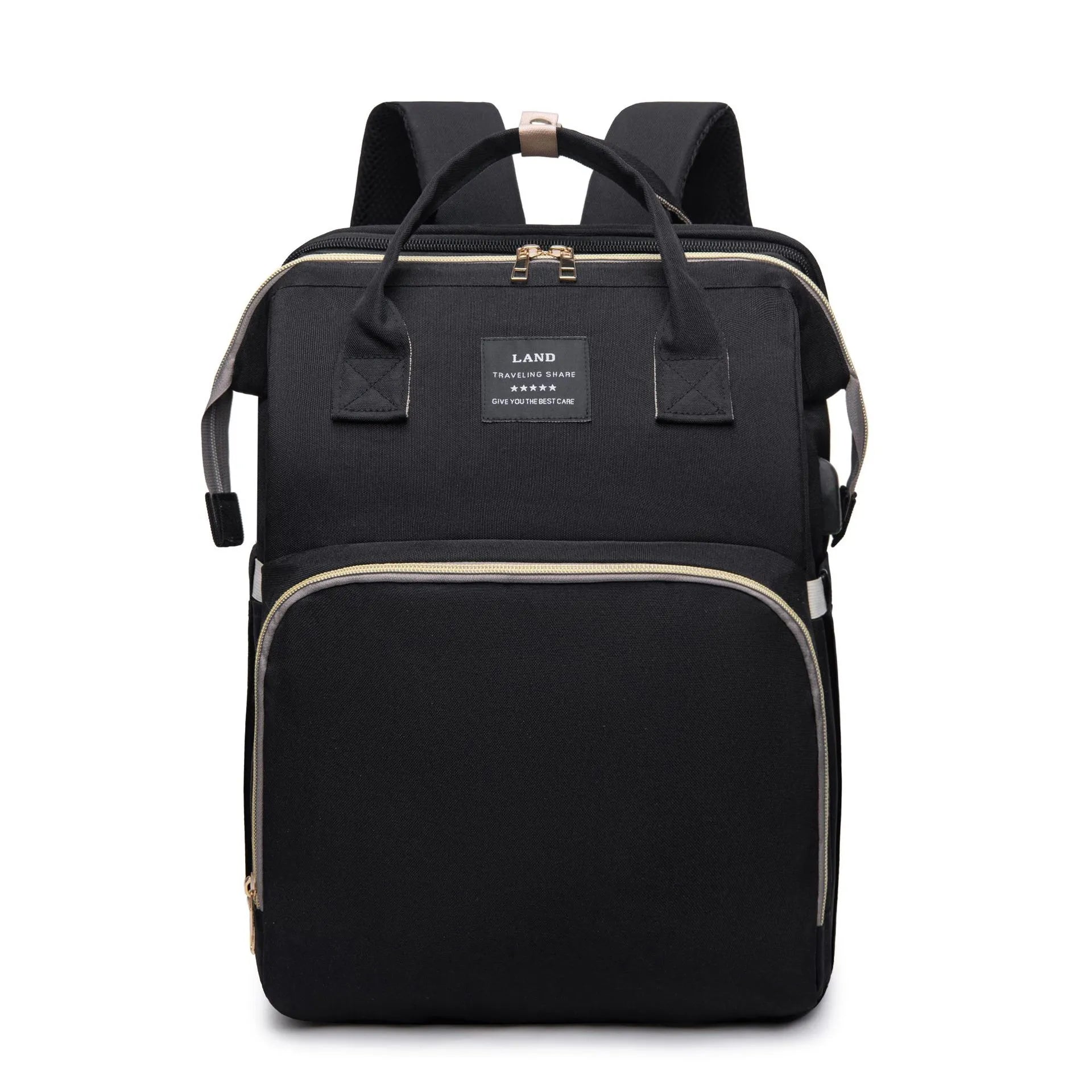 Mom's waterproof diaper backpack, black, with shoulder straps and top handle, travel-ready