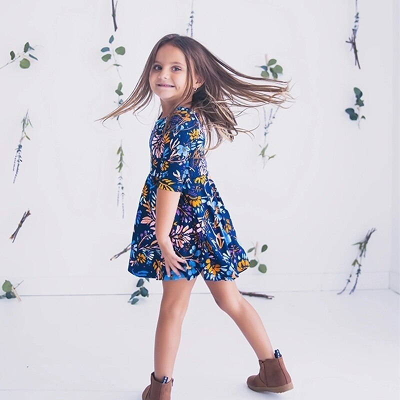 Family fashion: blue floral mommy and me outfits, comfortable half sleeve dresses.
