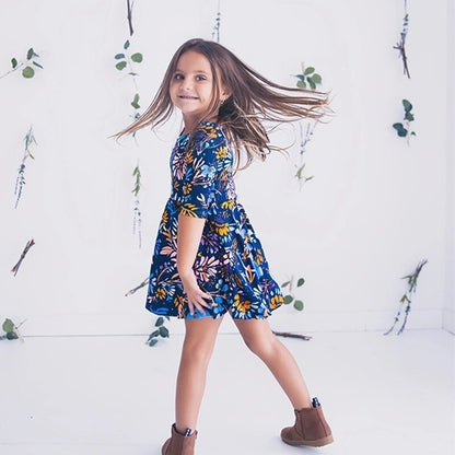 Family fashion: blue floral mommy and me outfits, comfortable half sleeve dresses.