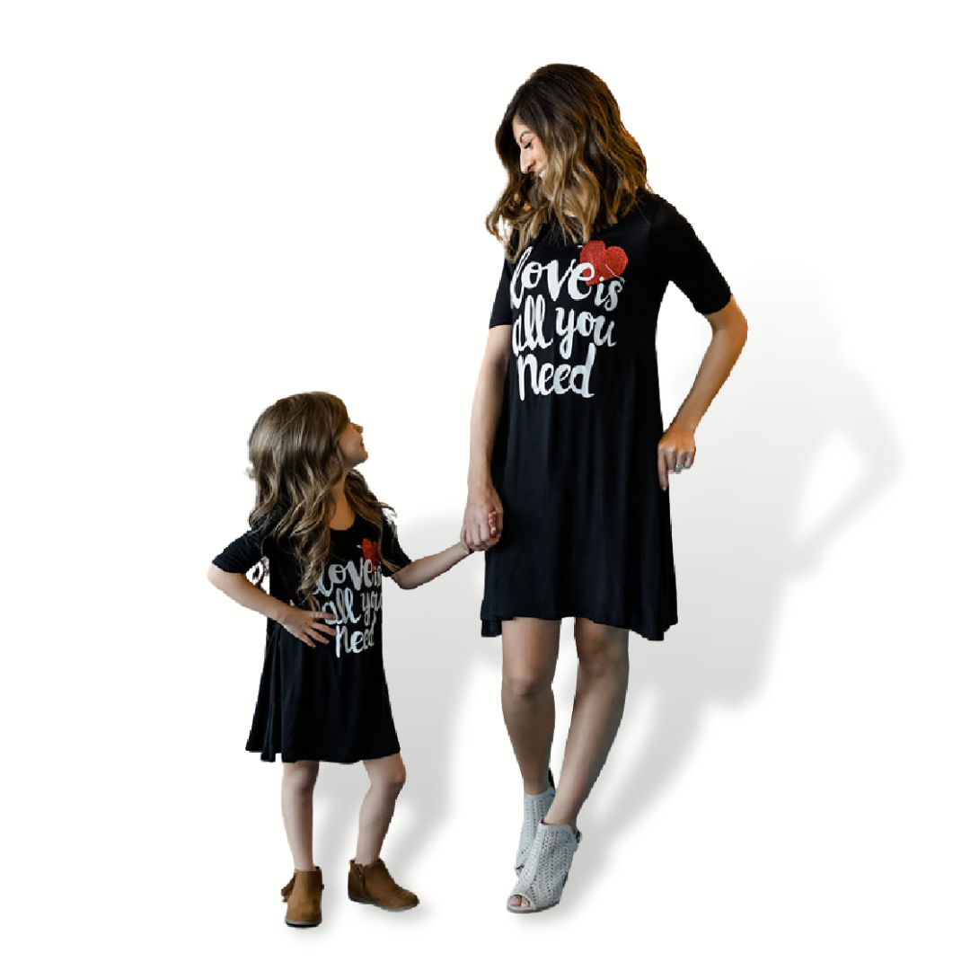 Mommy and Me 'Love is All You Need' matching cotton-blend tee dresses, perfect for family summer outfits.