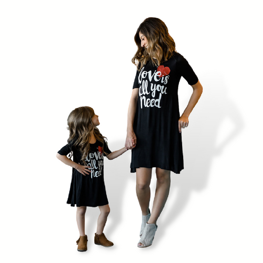 Mommy and Me 'Love is All You Need' matching cotton-blend tee dresses, perfect for family summer outfits.