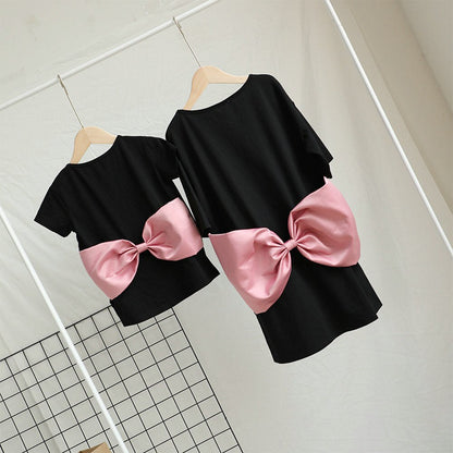 Back view of the pink big bow tee dress, highlighting the cute design for mommy and me matching set.