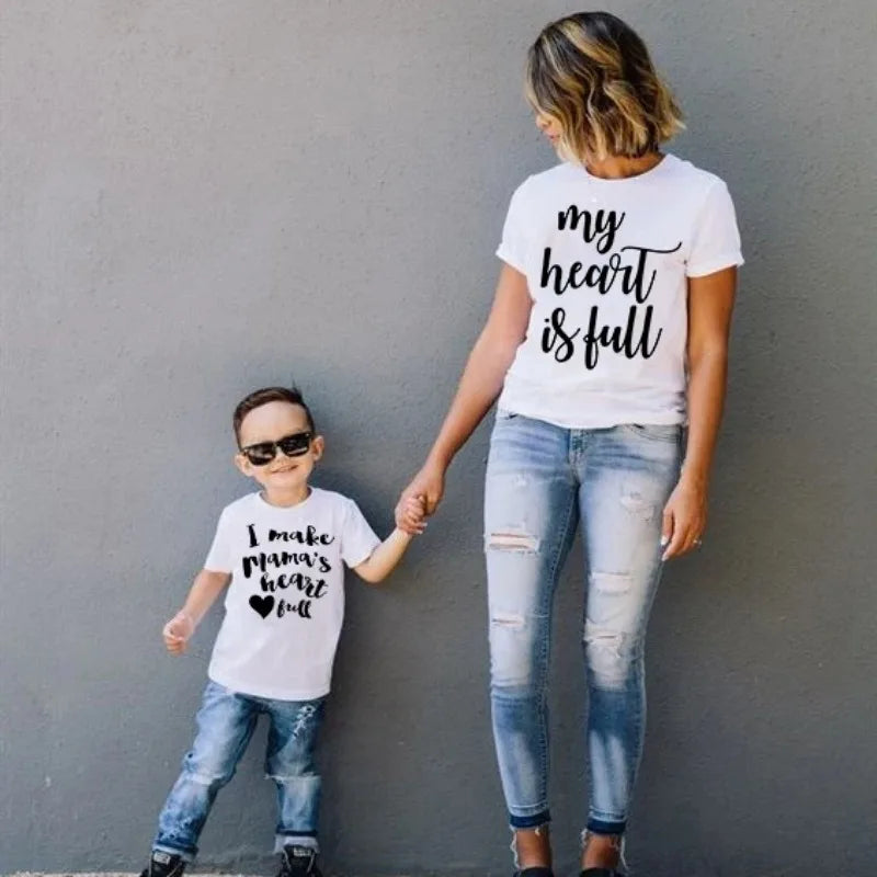 Mommy and Me matching short sleeve letter print t-shirts for family bonding, polyester summer wear