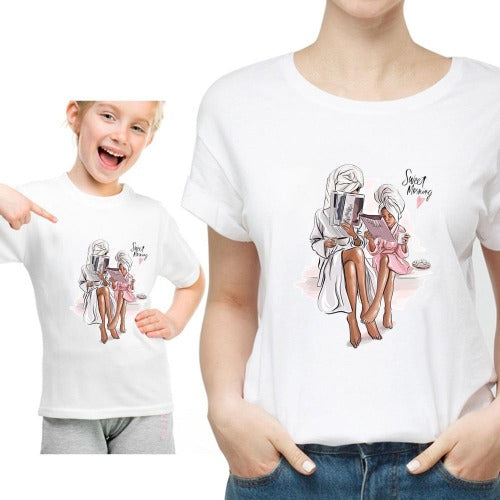 Mommy and Me matching short sleeve t-shirts set with 'Sweet Morning' text for mother and daughter, casual wear