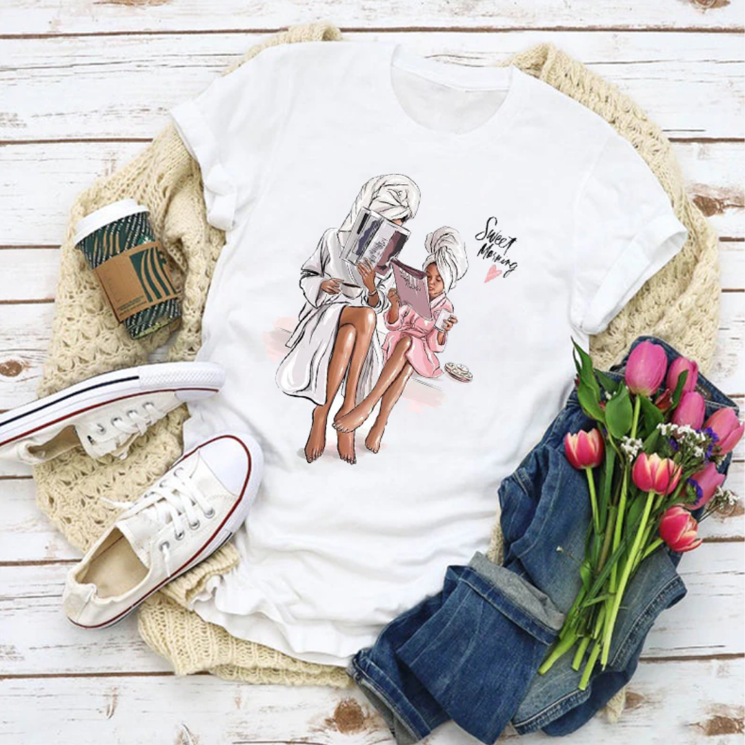 Cute cotton matching t-shirts for women and girls, 'Sweet Morning' family outfit, perfect gift for mom, casual