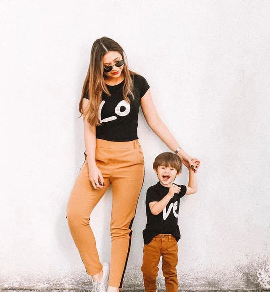 Mommy and Me matching white love heart print T-shirts for summer, short sleeves, family fashion.