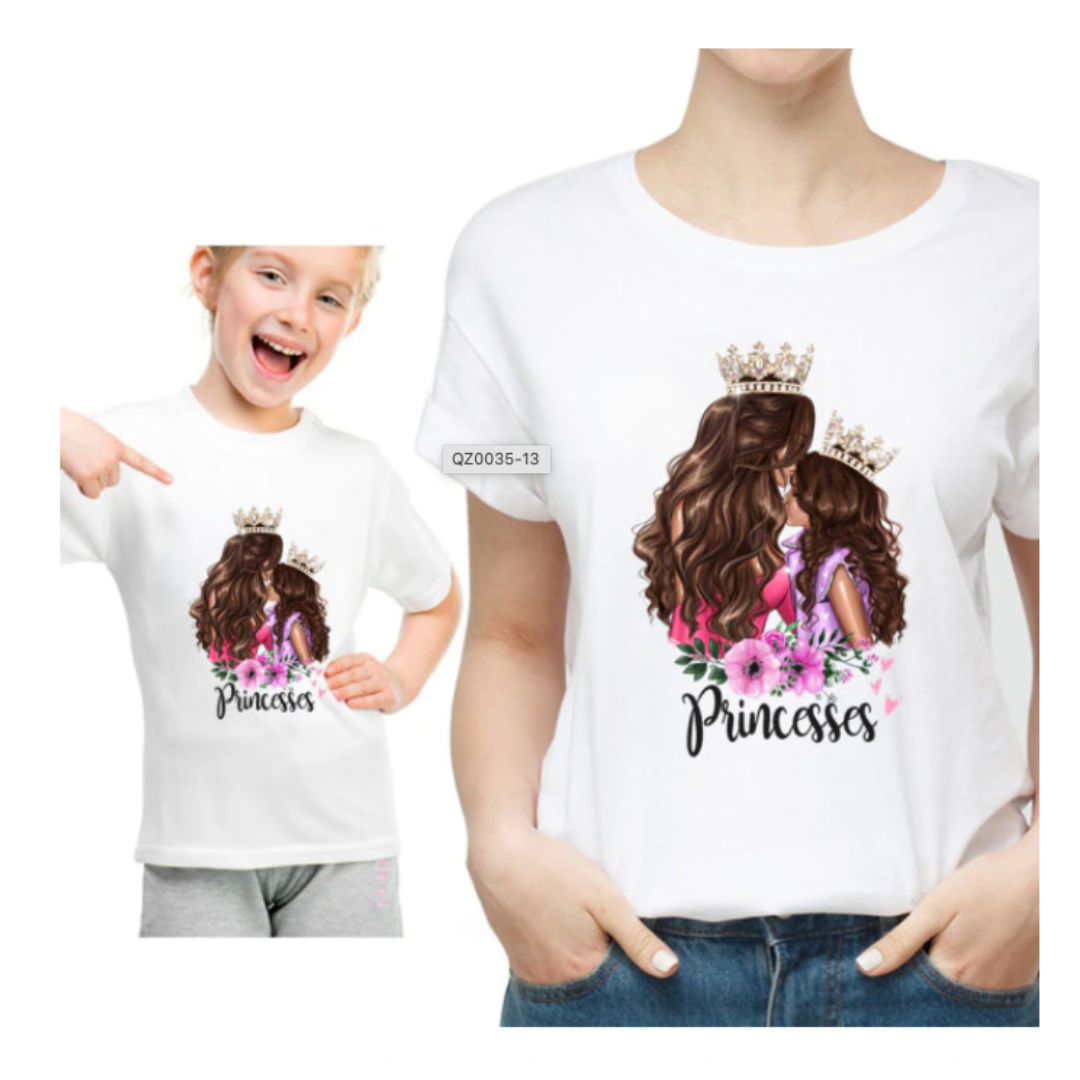 Mother and daughter wearing matching 'Princess' short-sleeve t-shirts, perfect for family matching outfits