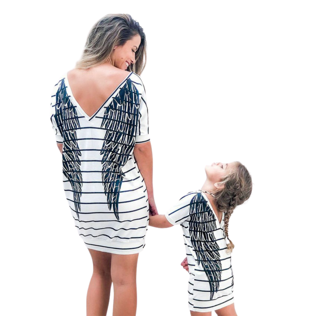 Mommy and me striped angel wings cotton-blend dresses for women and girls, summer fashion casual outfits