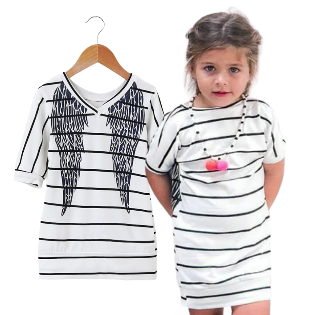Matching striped mini dresses with angel wings details for mom and daughter, perfect spring outfits