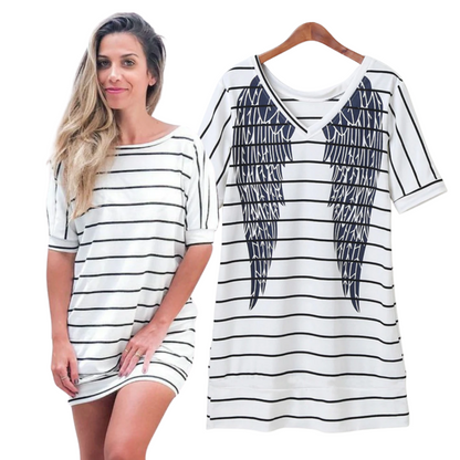 Family outfits: Woman and girl in coordinating striped dresses with adorable angel wing accents