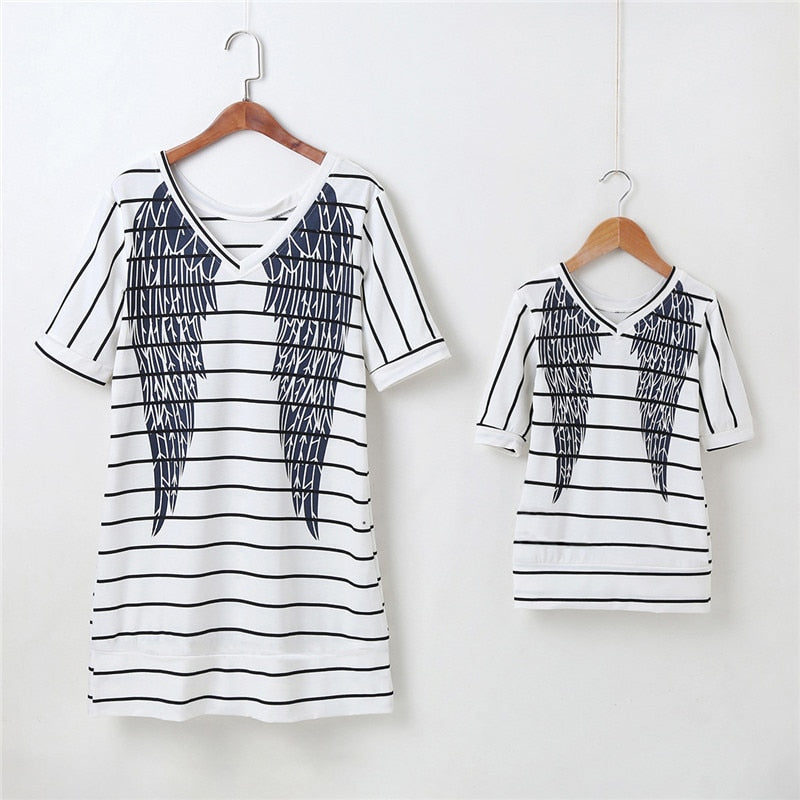 Casual striped mommy and me dresses with angel wings, comfortable cotton blend for summer or spring