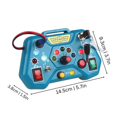 Educational children's travel busy board toy for developmental learning and sensory exploration.