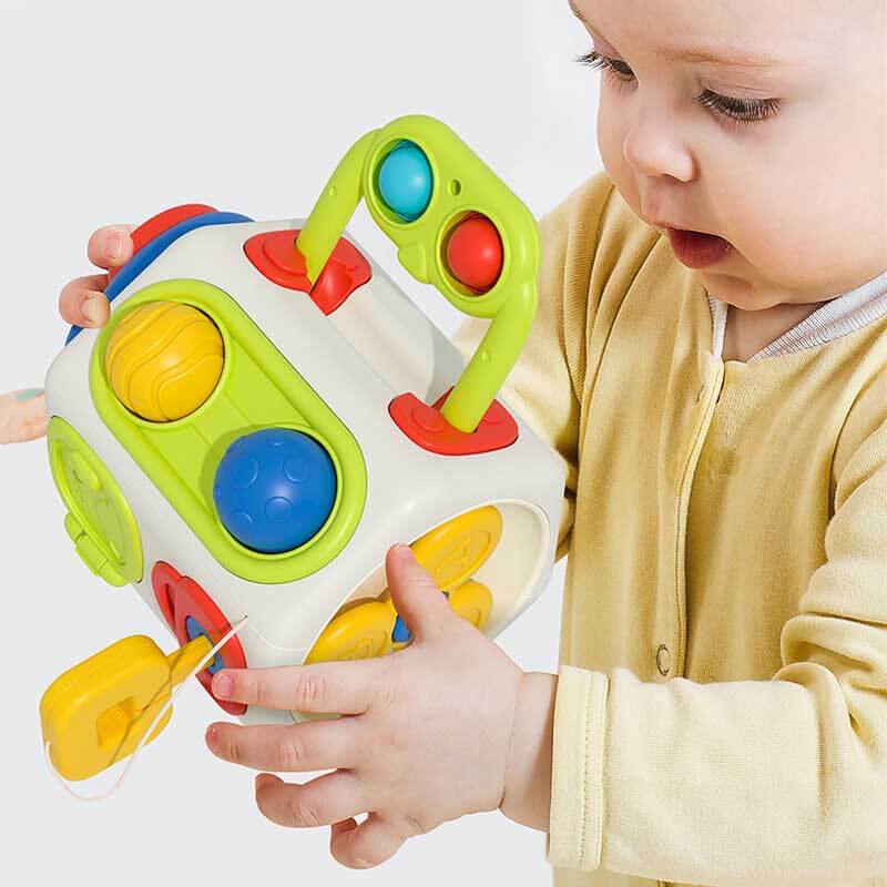 Montessori busy box for toddlers, natural wood, sensory exploration, fine motor skills toy