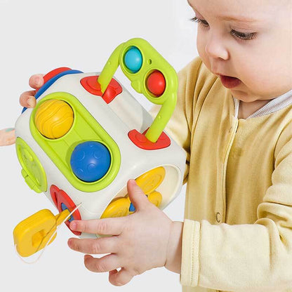 Montessori busy box for toddlers, natural wood, sensory exploration, fine motor skills toy