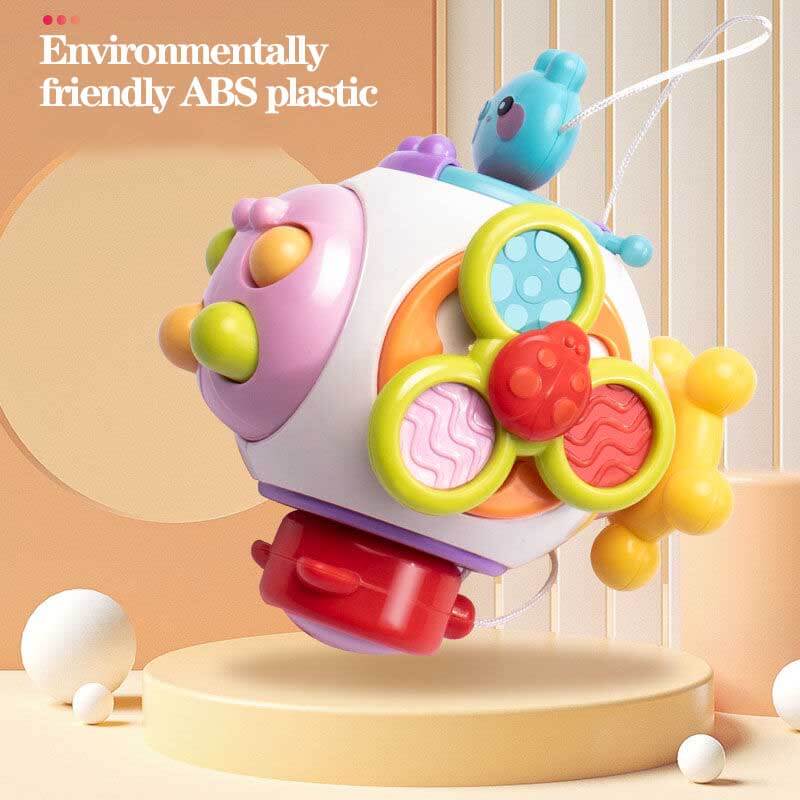 Portable busy box activity toy, lightweight, for infant and toddler sensory development
