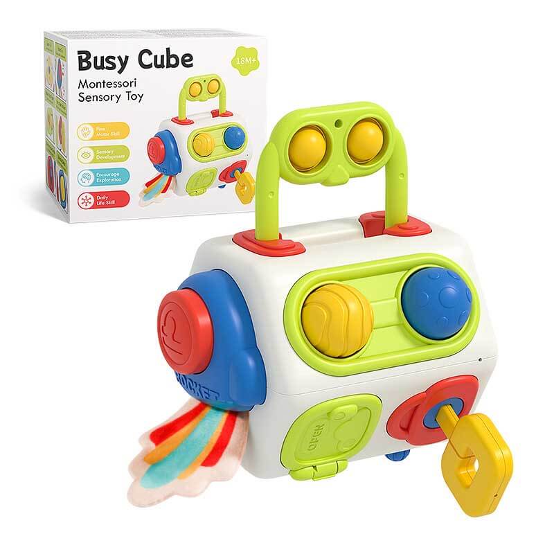 Toddler sensory busy box with latches, buckles, and zippers for developmental play