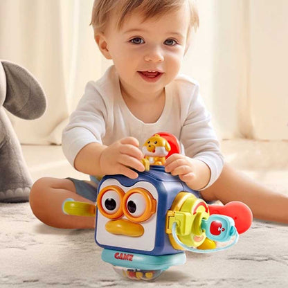 Unisex busy box for toddlers, featuring various fasteners, promoting independent activity