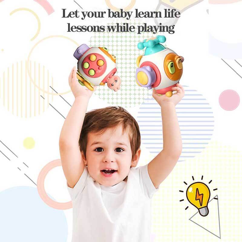 Travel-friendly busy box for toddlers, compact design, holds attention on the go