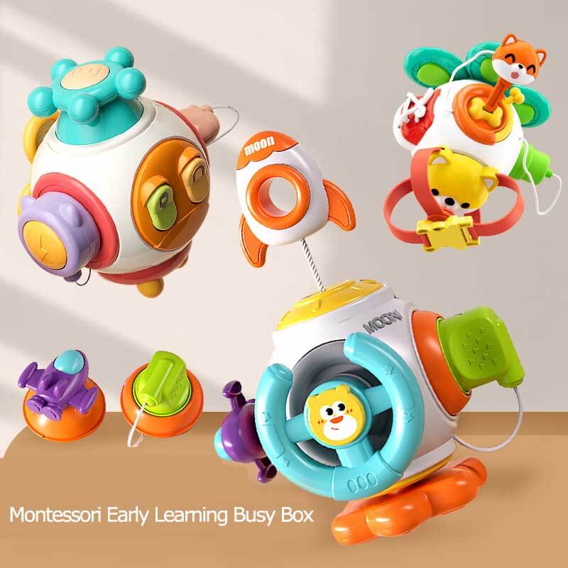 Developmental busy board for baby, colorful elements, promotes hand-eye coordination